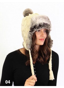 Warm Fur Cable Knitted Hat W/ Ear Flaps & Cable Tassels /Beige